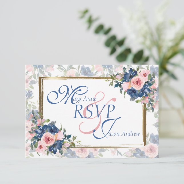 Cartão RSVP Casamento com Marinho e Blush de Aquarela (Em pé/Frente)
