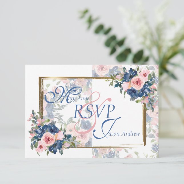 Cartão RSVP Casamento com Marinho e Blush de Aquarela (Em pé/Frente)