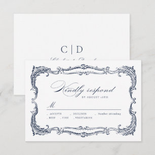 Cartão RSVP Casamento com Moldura Vintage Clássico em Letra de
