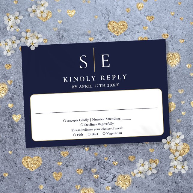 Cartão RSVP Casamento com Monograma Azul Marinho e Dourado (Navy Blue And Gold Monogram Wedding RSVP Card)