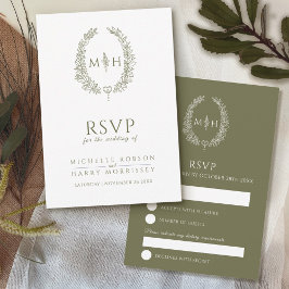Cartão RSVP Casamento com monograma de folha desenhado branco