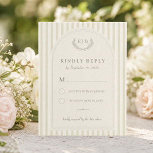 Cartão RSVP Casamento com Monograma Listrado em Verde Sálvia