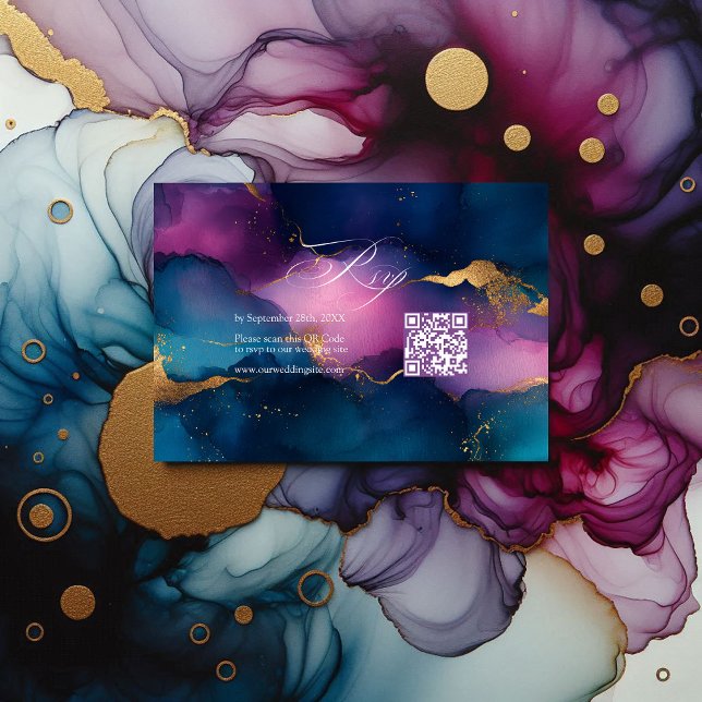 Cartão RSVP Casamento com o código QR da Tinta de Álcool Roxo, (Purple, Blue, and Gold Alcohol Ink QR Code Wedding RSVP Card)