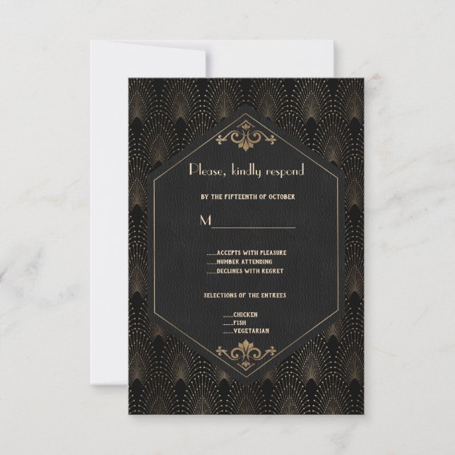 Cartão RSVP Casamento com o Excelente Negro Dourado Real Gatsb (Frente)