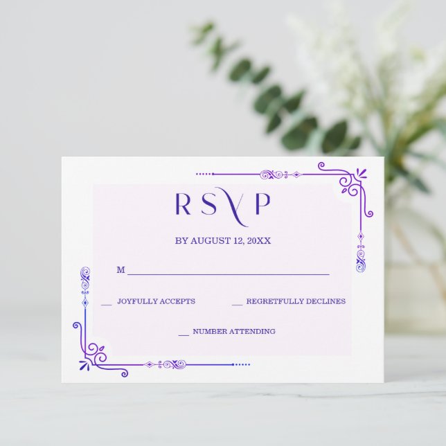 Cartão RSVP Casamento com Orquídea Azul e Roxo (Em pé/Frente)