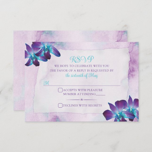 Cartão RSVP Casamento com Orquídea de Dendrobium Azul Roxo-Tur (Frente/Verso)