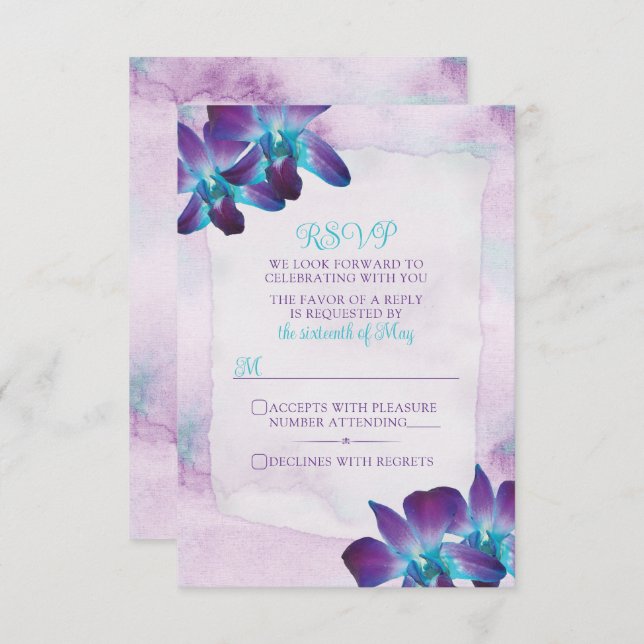 Cartão RSVP Casamento com Orquídea de Dendrobium Azul-Turquesa (Frente/Verso)