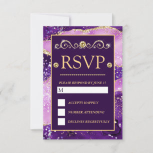 Cartão RSVP Casamento com padrão de ágata dourada roxa rosa