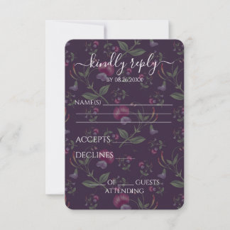 Cartão RSVP Casamento com Padrão Floral Roxo Vintage