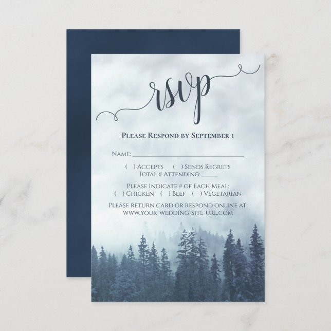 Cartão RSVP Casamento com pinheiros de montanha azul Elegante (Frente/Verso)