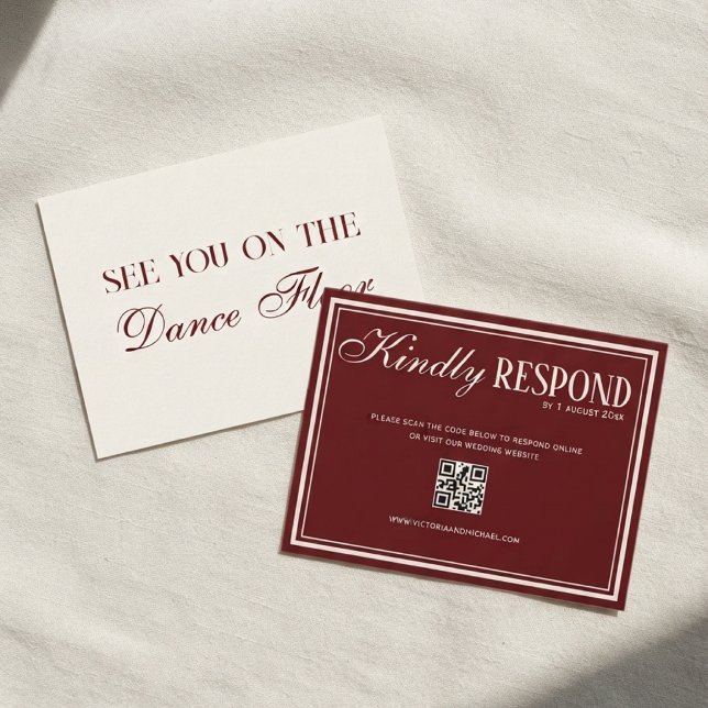 Cartão RSVP Casamento com QR Code em Borgonha Antigo Dinheiro  (Criador carregado)