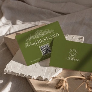 Cartão RSVP Casamento com QR Code em Verde Oliva Vintage Antig