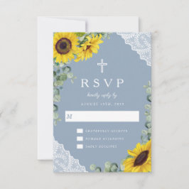 Cartão RSVP Casamento com renda azul de girassol, cruz religio