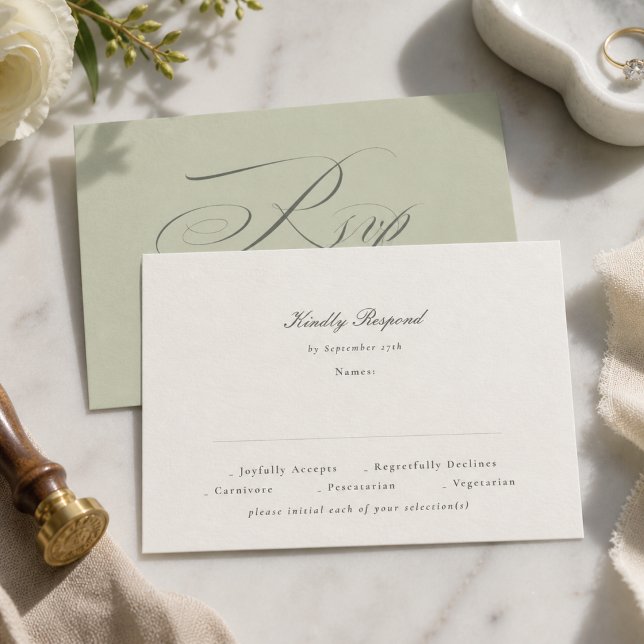 Cartão RSVP Casamento com Roteiro Verde Pistache (Criador carregado)