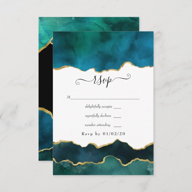 Cartão RSVP Casamento com Strata Agate Dourado e Teal (Frente/Verso)