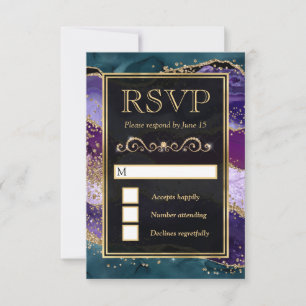 Cartão RSVP Casamento com Teal, Roxo e Agitação Dourada