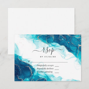 Cartão RSVP Casamento com Tinta Alcoólica Turquesa e Dourada