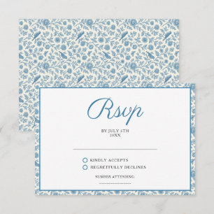 Cartão RSVP Casamento com Toile de Jouy Floral Azul Chic