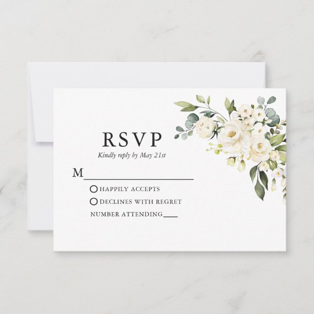Cartão RSVP Casamento com vegetação floral branco de aquarela (Frente)
