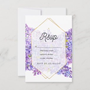 Cartão RSVP Casamento com violetas roxas e herbários geométric