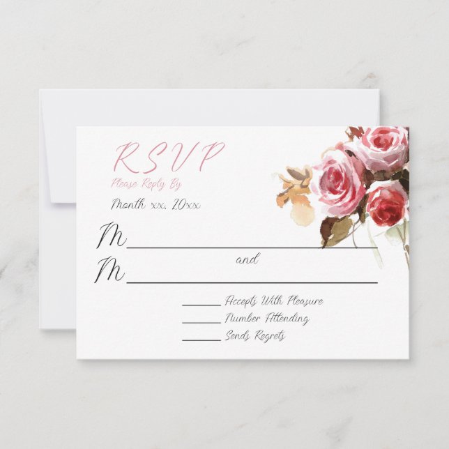 Cartão RSVP Casamento Cor de Água, Rosa, Rosas Antigos (Frente)