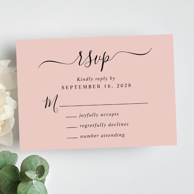 Cartão RSVP Casamento Cor-de-rosa com Blush Script Chic (Criador carregado)