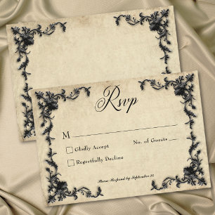 Cartão RSVP Casamento Coração Filigrana Pergaminho Bege Preto