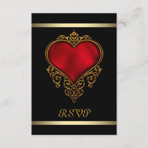 Cartão RSVP Casamento Coração Preto Vermelho