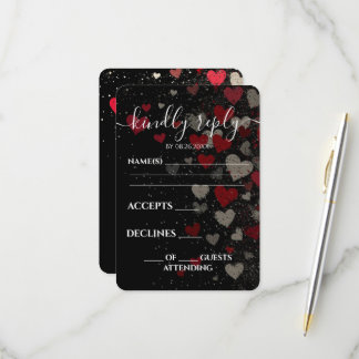 Cartão RSVP Casamento Corações Caindo Vermelho Retro Personali