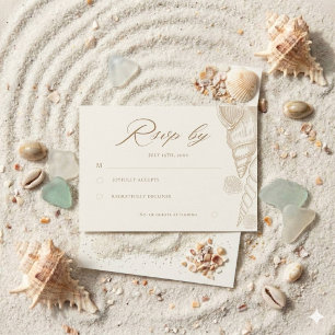 Cartão RSVP Casamento Costeira com Conchas Douradas e Branco