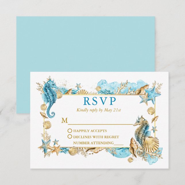 Cartão RSVP Casamento Costeiro de Coral de Costura Dourado (Frente/Verso)
