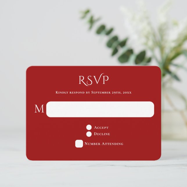 Cartão RSVP Casamento Curvo de Tipografia Vermelha (Em pé/Frente)