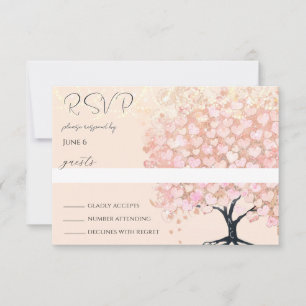 Cartão RSVP Casamento da Árvore de Folha de Coração Rosa Conto