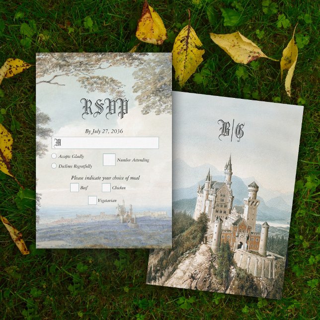 Cartão RSVP Casamento da Floresta Russa do Castelo de Fairytal (Vintage Fairytale Castle Rustic Forest Wedding RSVP Card)