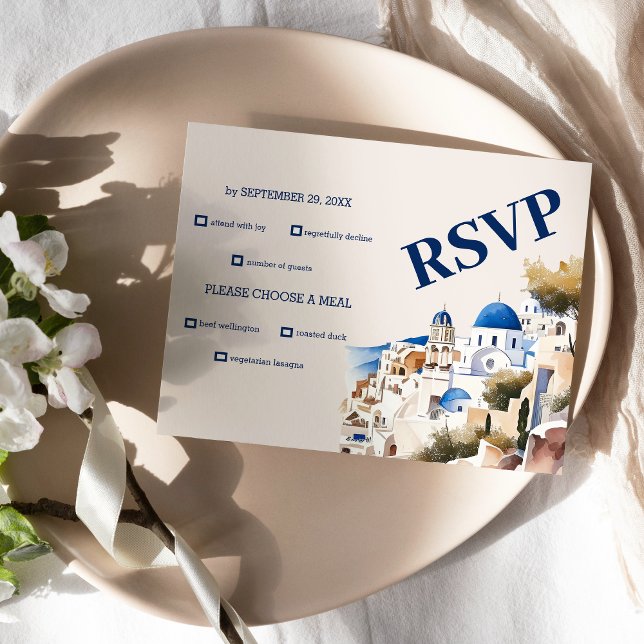 Cartão RSVP Casamento da Grécia de destino Santorini (Criador carregado)