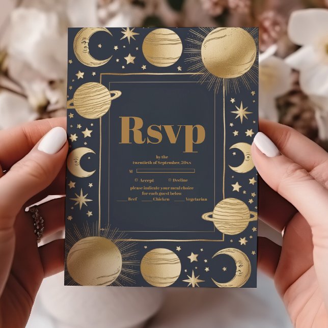 Cartão RSVP Casamento da Lua do Crescente Dourado Celestial (Criador carregado)
