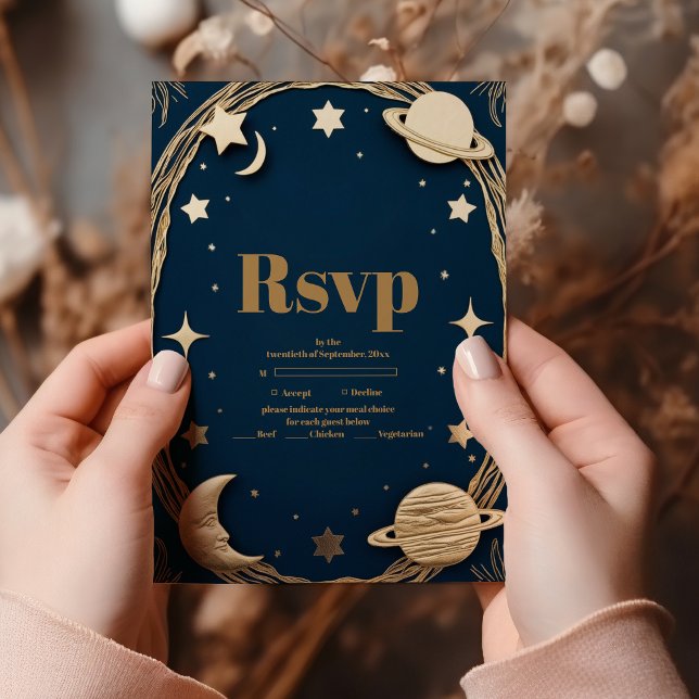 Cartão RSVP Casamento da Lua do Crescente Dourado Celestial (Criador carregado)