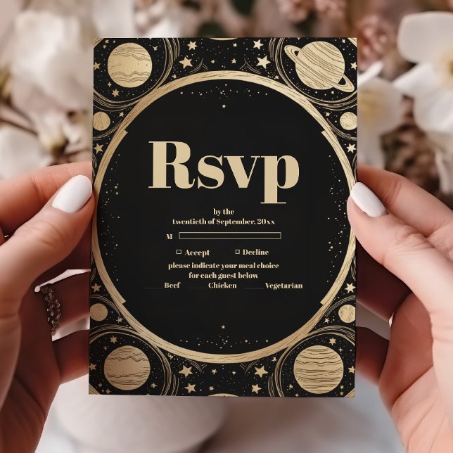 Cartão RSVP Casamento da Lua do Crescente Negro Dourado Celest (Criador carregado)