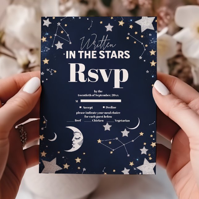 Cartão RSVP Casamento da Lua Elegante Crescente Celestial (Criador carregado)