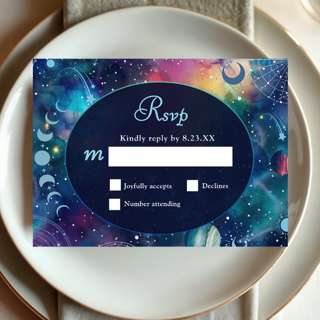 Cartão RSVP casamento da meia-noite celestial (Criador carregado)