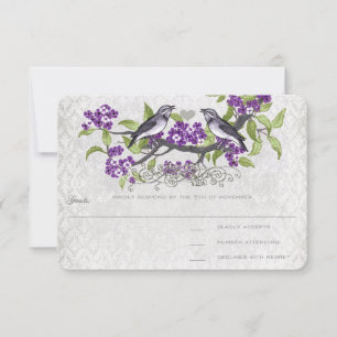 Cartão RSVP Casamento Damask Pássaros Vintage Roxo e Cinza