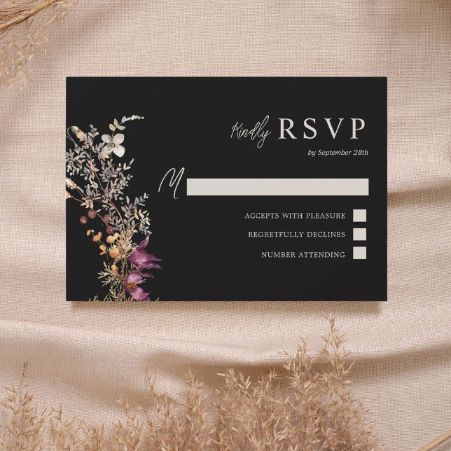Cartão RSVP Casamento Dark Boho Wildflower (Criador carregado)