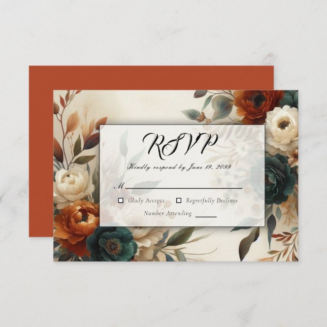 Cartão RSVP Casamento das Flores de Laranja e Azul Queimadas (Frente/Verso)