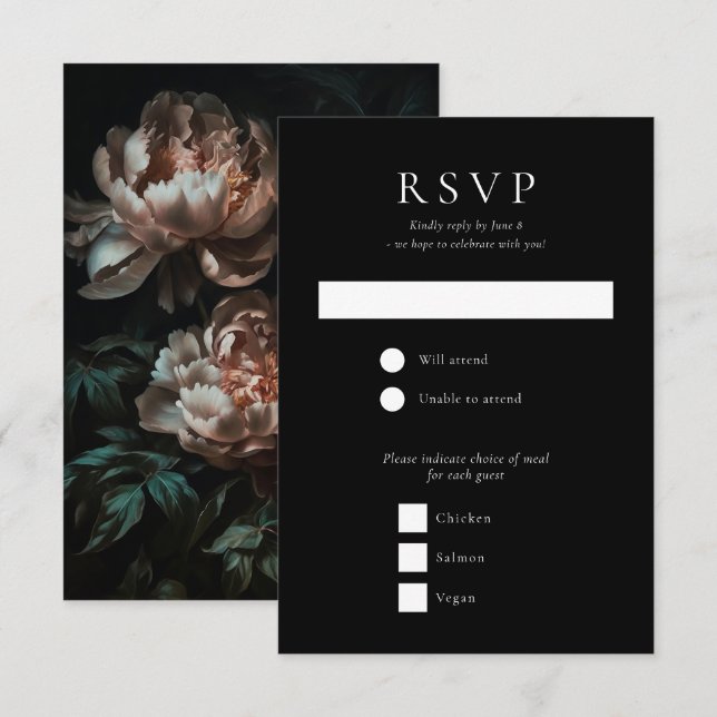 Cartão RSVP Casamento das Flores Românticas de Peônias Escuras (Frente/Verso)