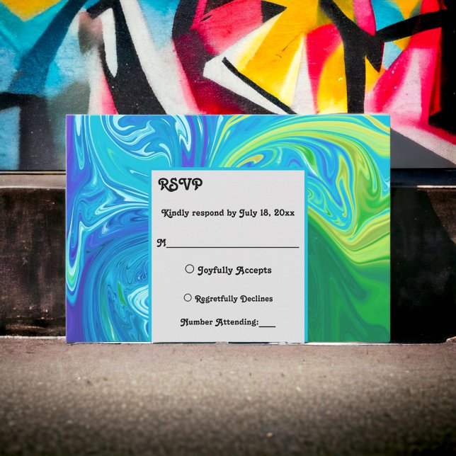 Cartão RSVP Casamento de Abstrato de Arte por Ondas Verdes Azu (Criador carregado)