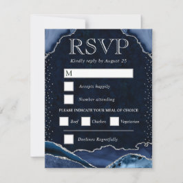 Cartão RSVP Casamento de Ágata Brilhante Azul e Prata