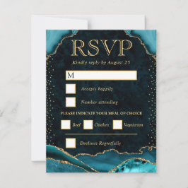 Cartão RSVP Casamento de Ágata Brilhante Turquesa e Dourado El