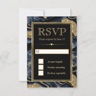 Cartão RSVP Casamento de Ágata com Folha Azul e Brilho Dourado