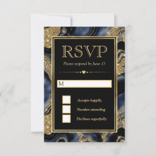 Cartão RSVP Casamento de Ágata com Folha de Azul Elegante e Br