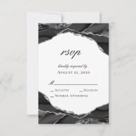 Cartão RSVP Casamento de Ágata com Folha de Prata Preta Elegan